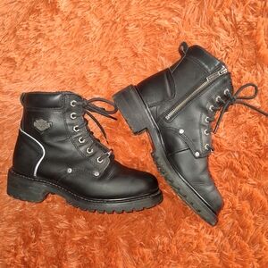 Harley-Davidson Black Leather Lace-Up Ankle Boots with Side Zipper